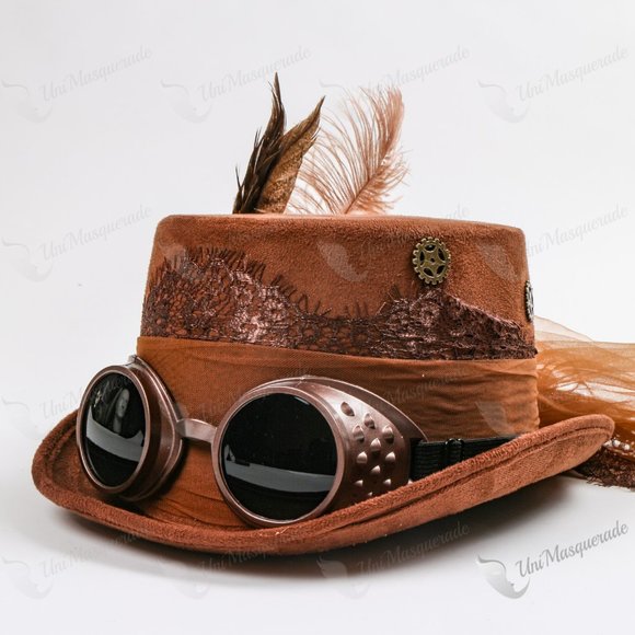 Victorian Brown Steampunk Women Feather lace & Goggles Top Hat Summer Party Mask - Picture 3 of 4